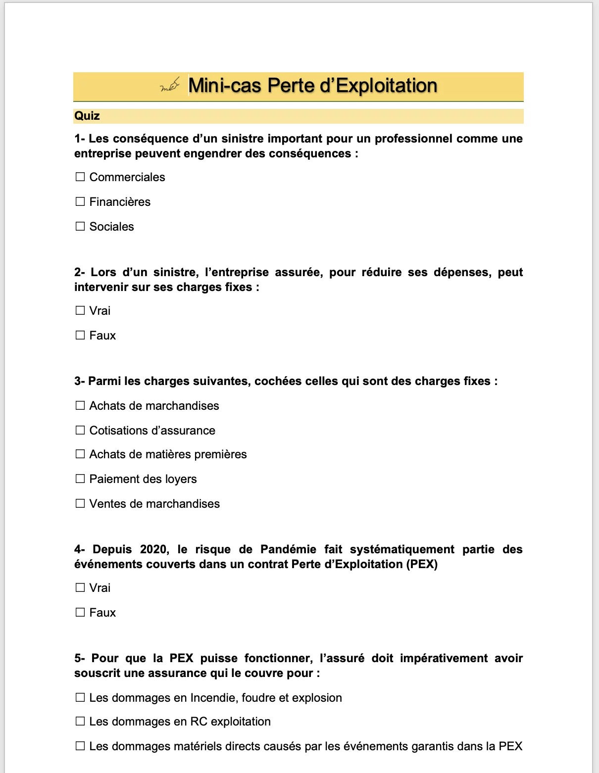 Extrait 4 du support de cours sur la perte d'exploitation — BTS Assurance U41