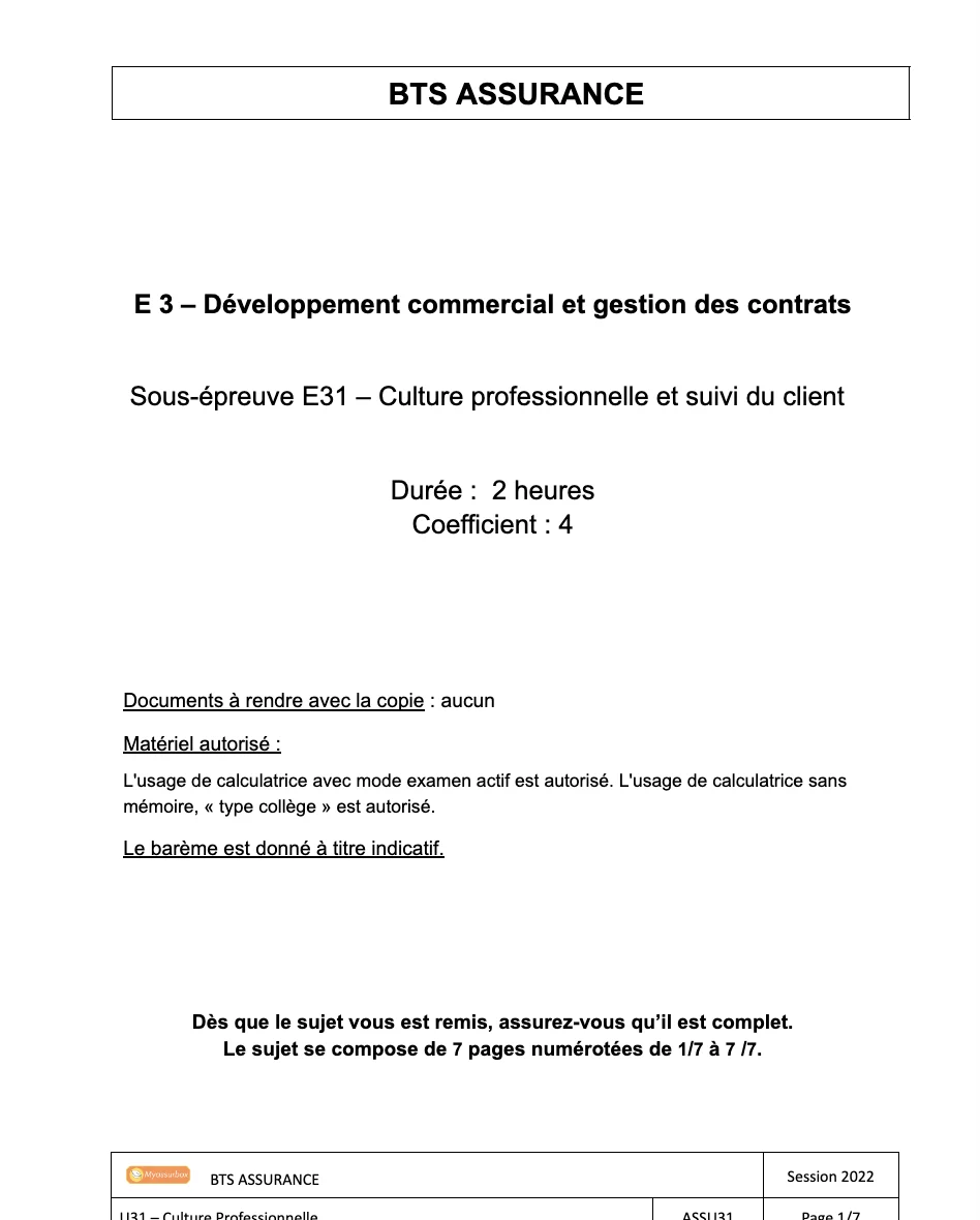 Extrait 7 du support de cours sur l'assurance automobile — BTS Assurance U31